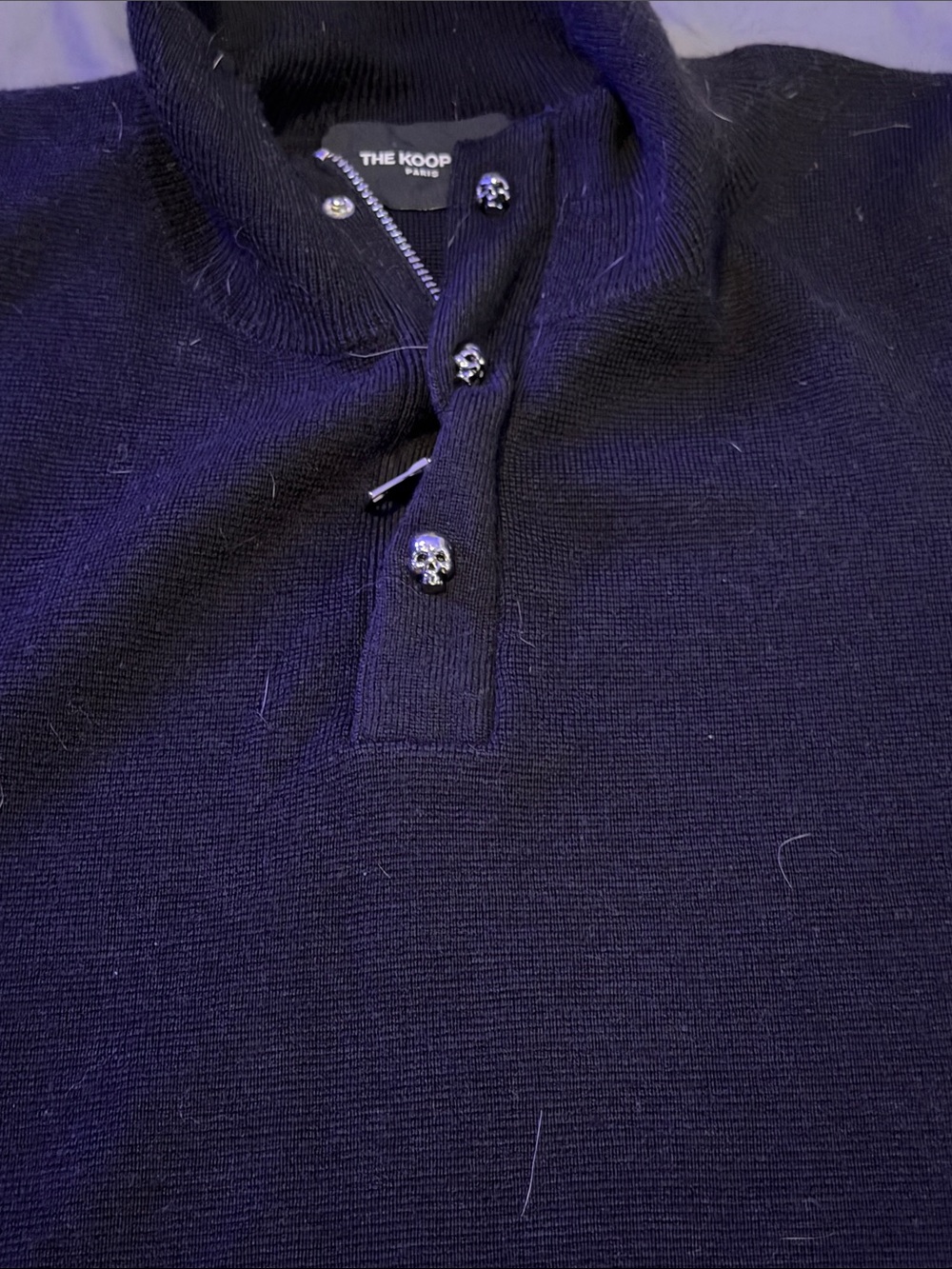 The Kooples Black Ribbed Knit Polo with Skull Button Accents